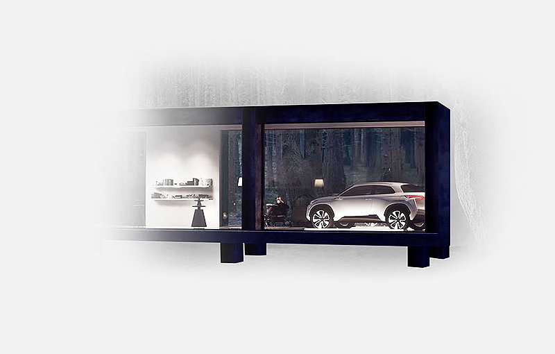 A Hyundai automobile is exhibited in a black framed box